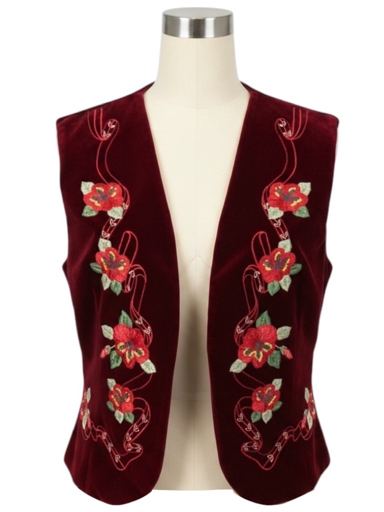 Loretta Caponi Bordeaux Hibiscus Floral Embroidered Cabana Lastra Velvet Gilet V